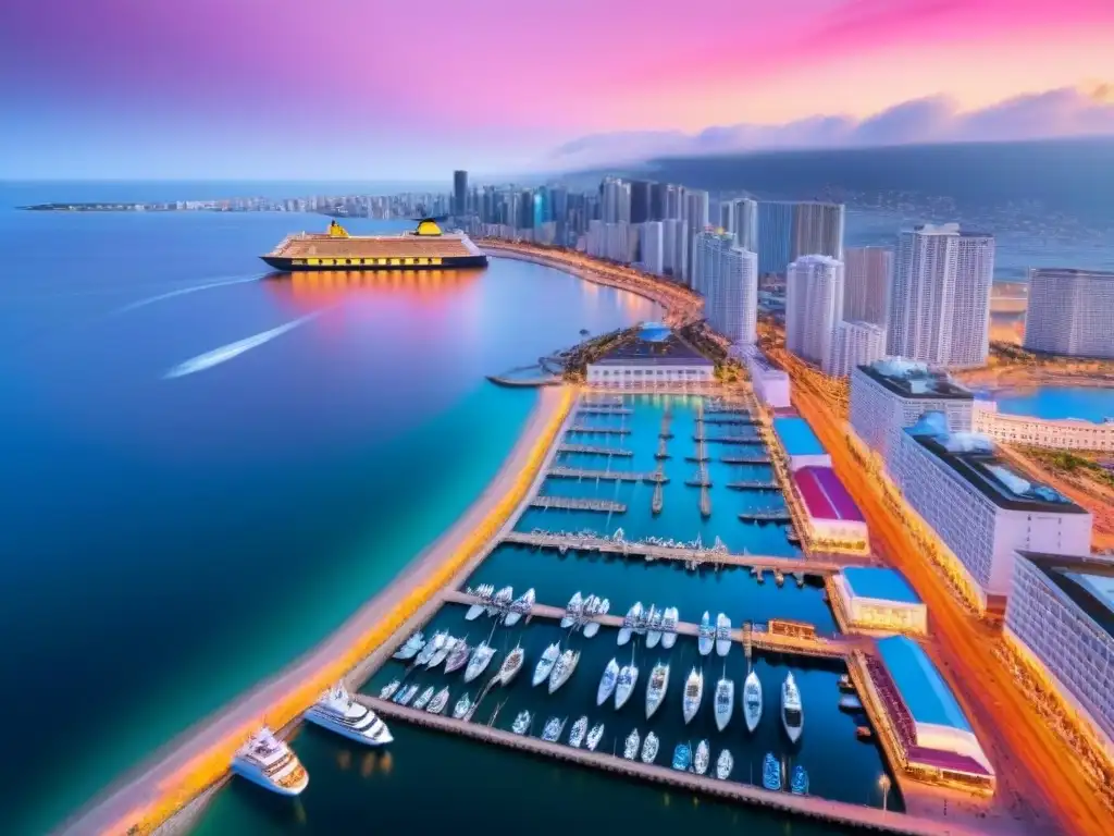 Esplendor costero al atardecer: ciudad vibrante y lujo en la playa Vibrante ciudad costera al atardecer con hoteles de lujo, cruceros y turistas, reflejando la recuperación inmobiliaria mediante turismo internacional