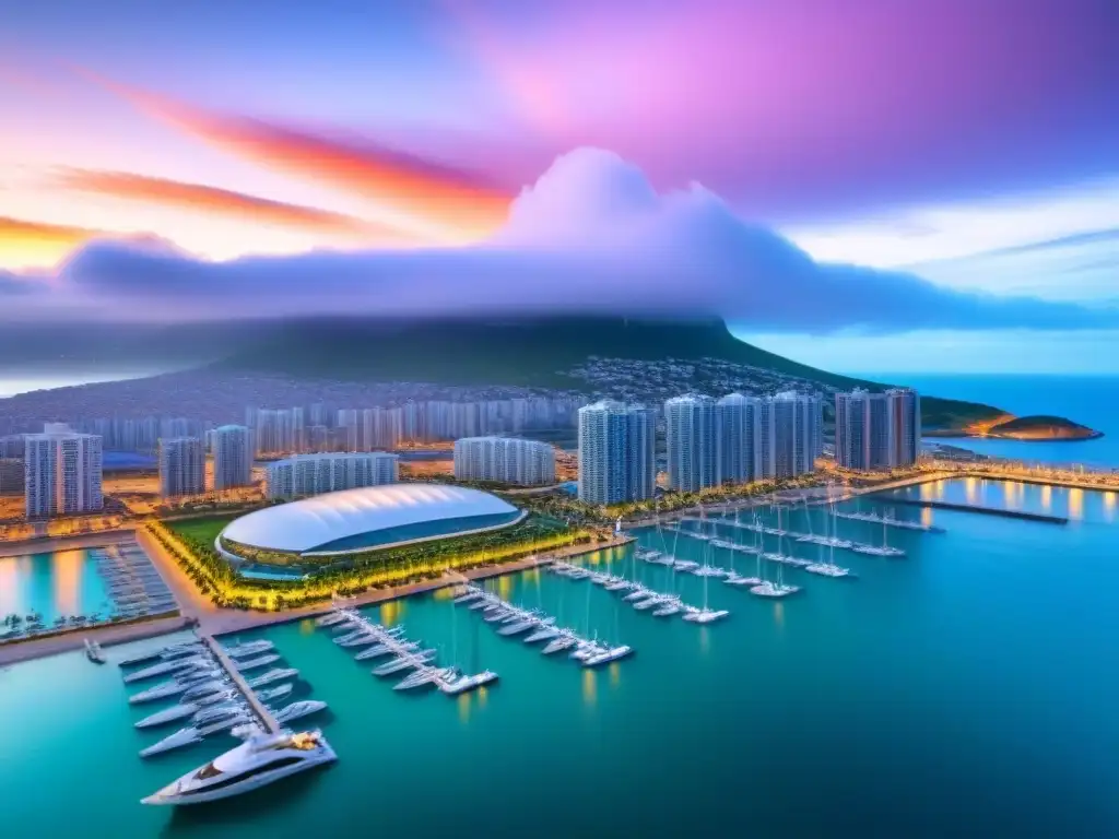 Espléndida vista aérea: Estadio moderno en ciudad costera Vibrante ciudad costera con estadio moderno, propiedades de lujo y marinas, fusionando turismo deportivo y mercado inmobiliario