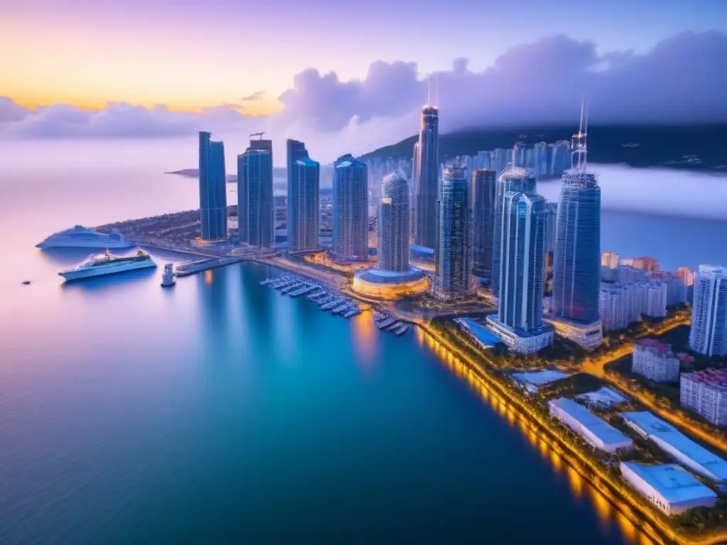 Metrópolis costera al anochecer: luces, edificios y turismo de alto nivel Vibrante ciudad costera al anochecer, fusionando modernos rascacielos, propiedades lujosas y bulliciosos centros turísticos, iluminados por las luces cálidas de la ciudad