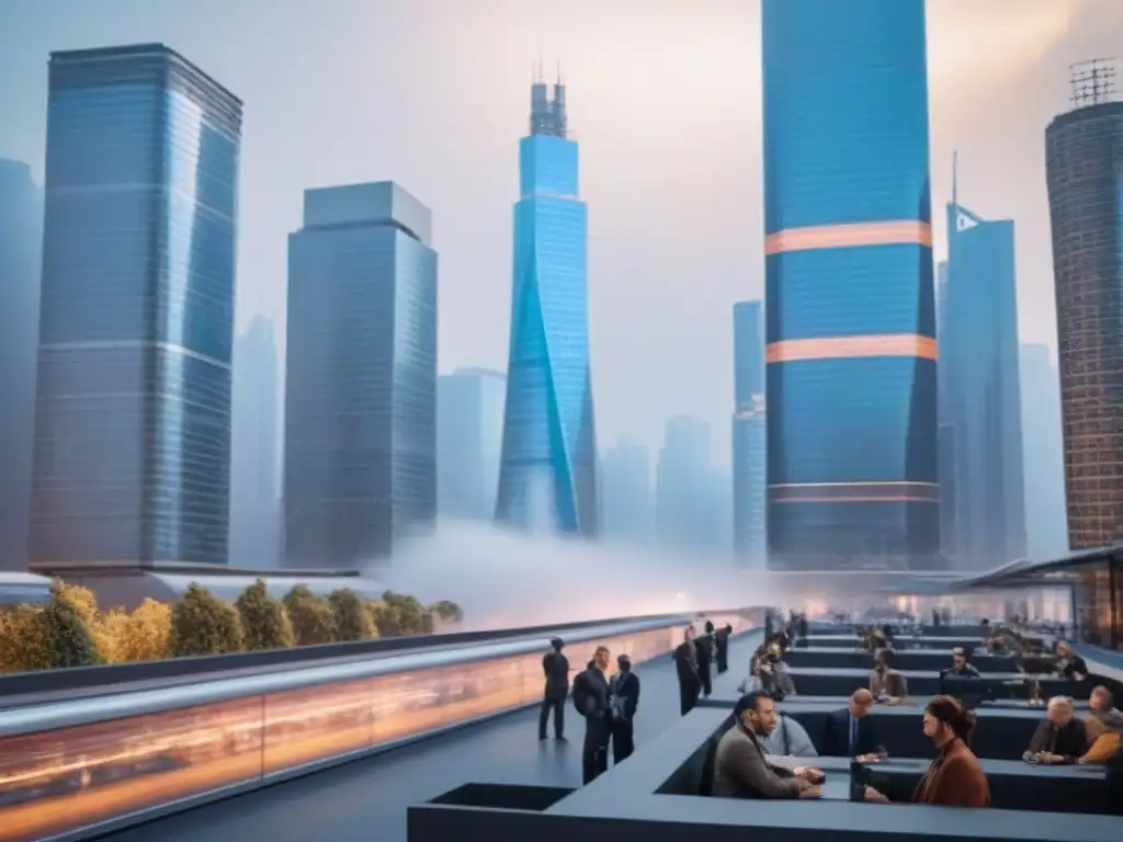 Metrópolis emergente: energía y oportunidad en mercados inmobiliarios Vibrante ciudad en crecimiento, con arquitectura moderna y tradicional, profesionales discutiendo, pantallas digitales y la palabra clave 'Inversiones inmobiliarias en mercados emergentes'
