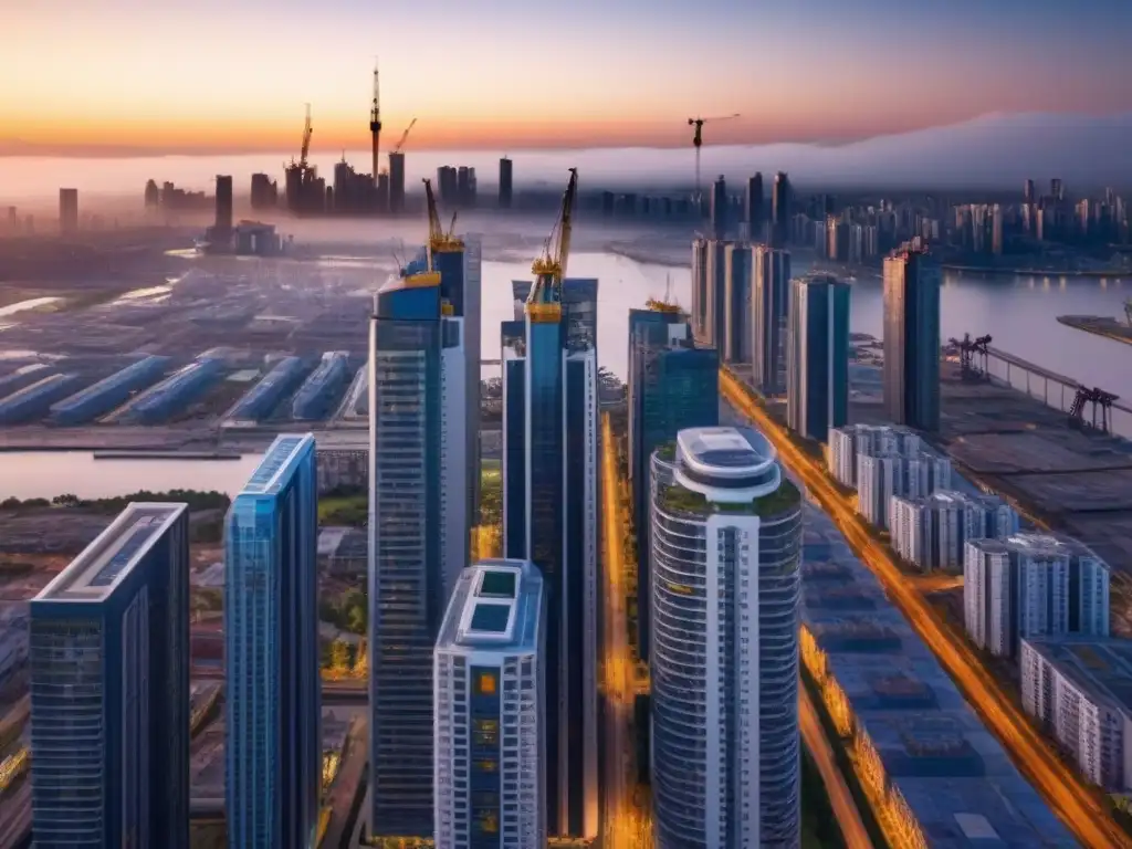 Horizonte urbano en crecimiento: ciudad moderna al atardecer Vibrante ciudad en crecimiento al atardecer, reflejando progreso y la energía de financiamiento para proyectos inmobiliarios