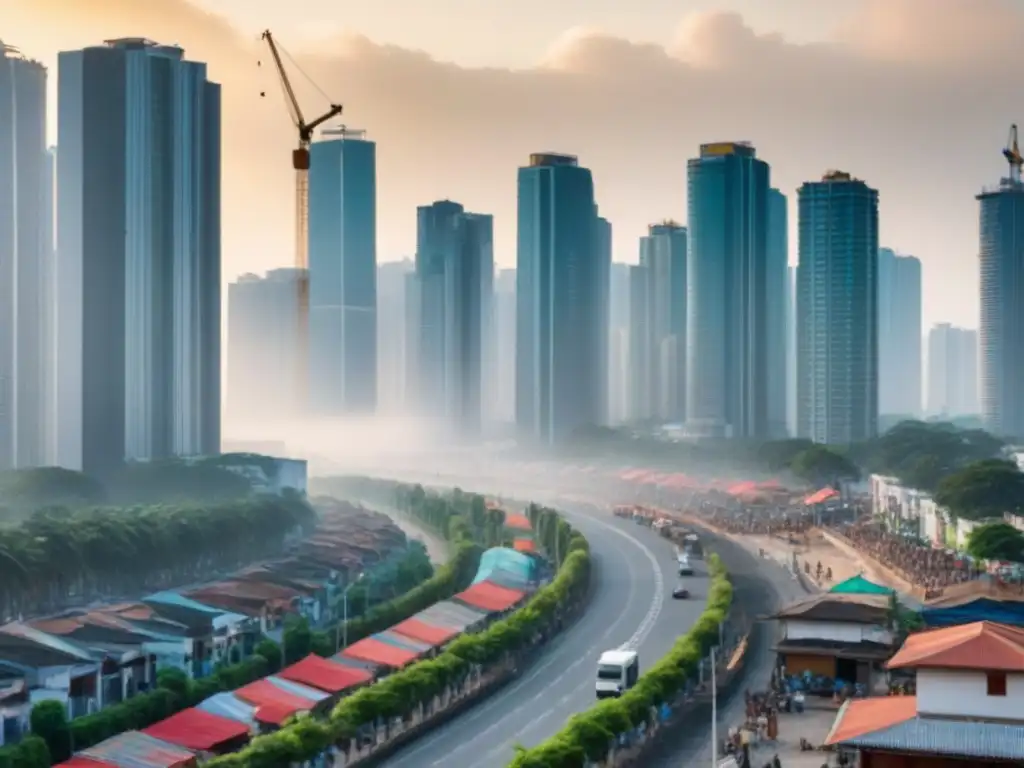 Skyline urbano: crecimiento dinámico y oportunidades de inversión Vibrante ciudad en crecimiento con diversidad de edificios y personas, reflejando oportunidades de estrategias de inversión mercado inmobiliario