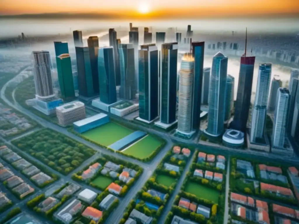 Metrópolis en crecimiento: Impacto de la migración interna en el sector inmobiliario Vibrante ciudad en crecimiento con rascacielos y edificios residenciales, reflejando la migración interna y su impacto en los mercados inmobiliarios
