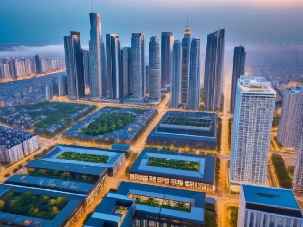 Metrópolis en auge: ciudad moderna en pleno crecimiento Vibrante ciudad en crecimiento con rascacielos y ajetreo urbano, reflejando migración interna y mercados inmobiliarios en auge