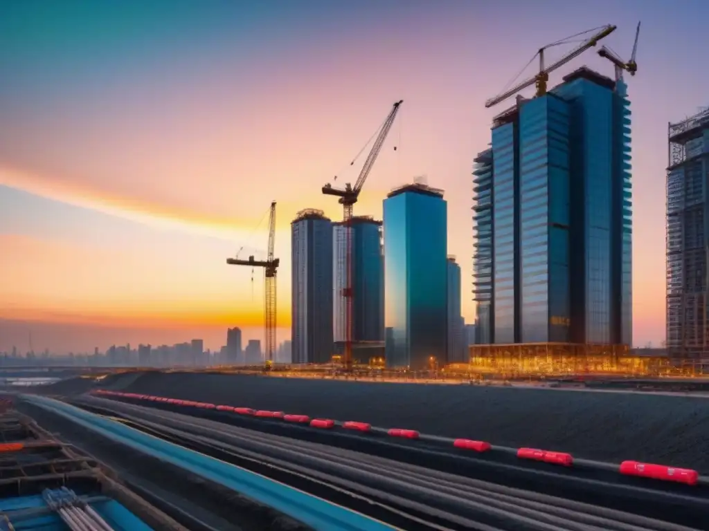 Skyline urbano en construcción: progreso y modernidad al atardecer Vibrante ciudad en crecimiento con rascacielos modernos en construcción bajo un cielo al atardecer