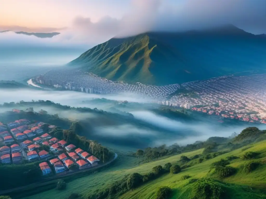 Vibrante ciudad en desarrollo: oportunidades de inversión inmobiliaria Vibrante ciudad en país en desarrollo con arquitectura tradicional y moderna, rodeada de montañas verdes bajo cielo azul