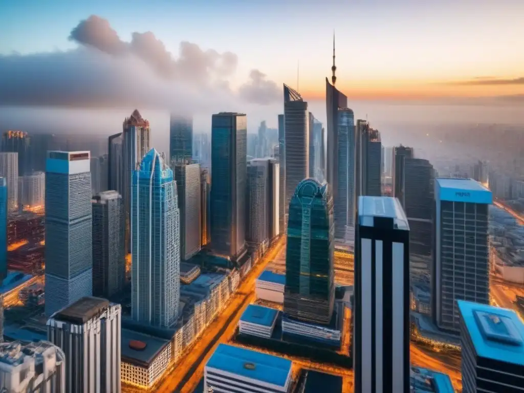 Vibrante ciudad emergente: inversión inmobiliaria internacional Vibrante ciudad en desarrollo con rascacielos y arquitectura tradicional, personas de negocios en calles bulliciosas
