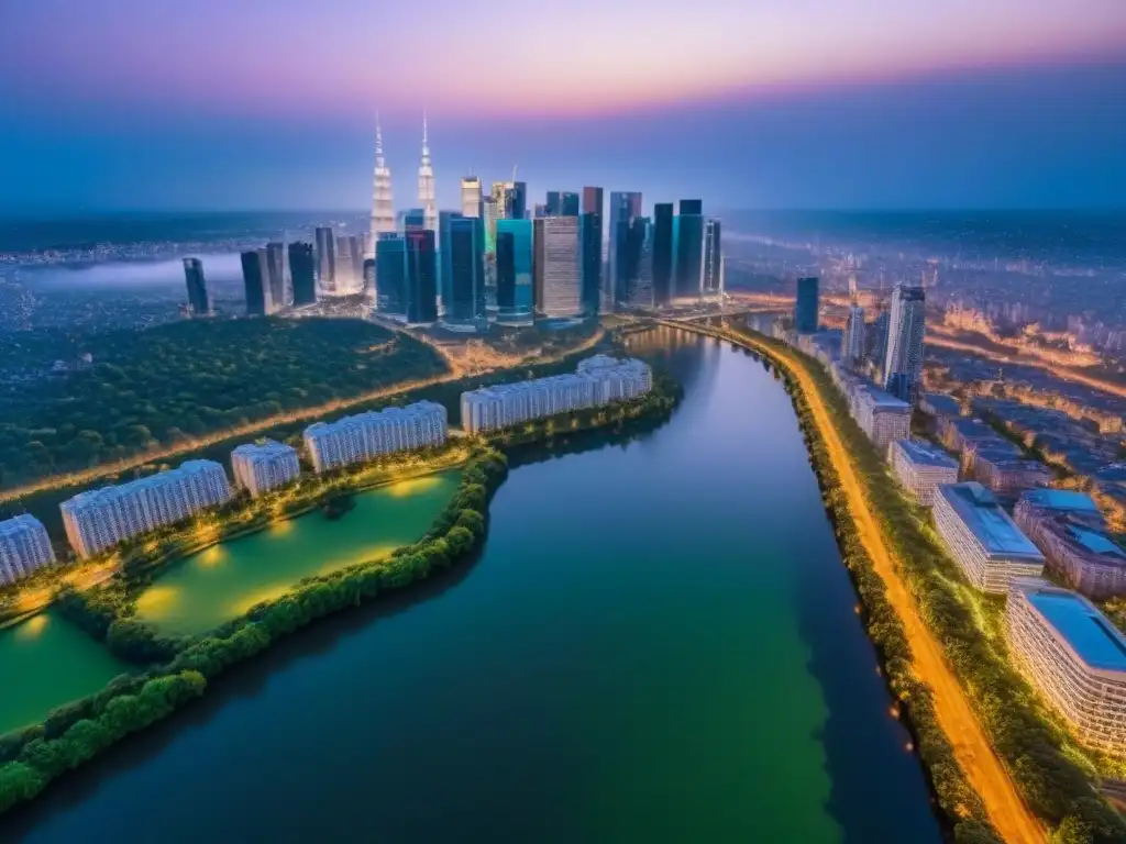 Metrópolis vibrante al atardecer: luces, ríos y parques Vibrante ciudad al anochecer, reflejando desarrollo urbano