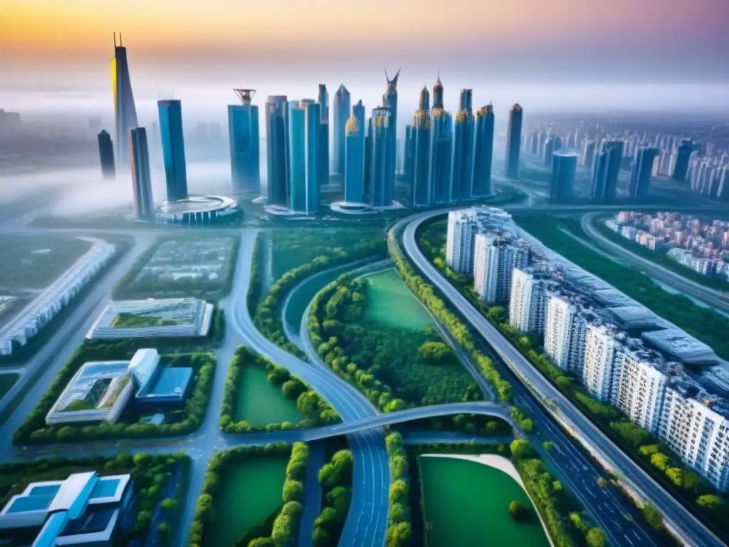 Metrópolis futurista: skyline vibrante y expansión urbana Vibrante ciudad con descentralización urbana, mercado inmobiliario moderno y skyline futurista