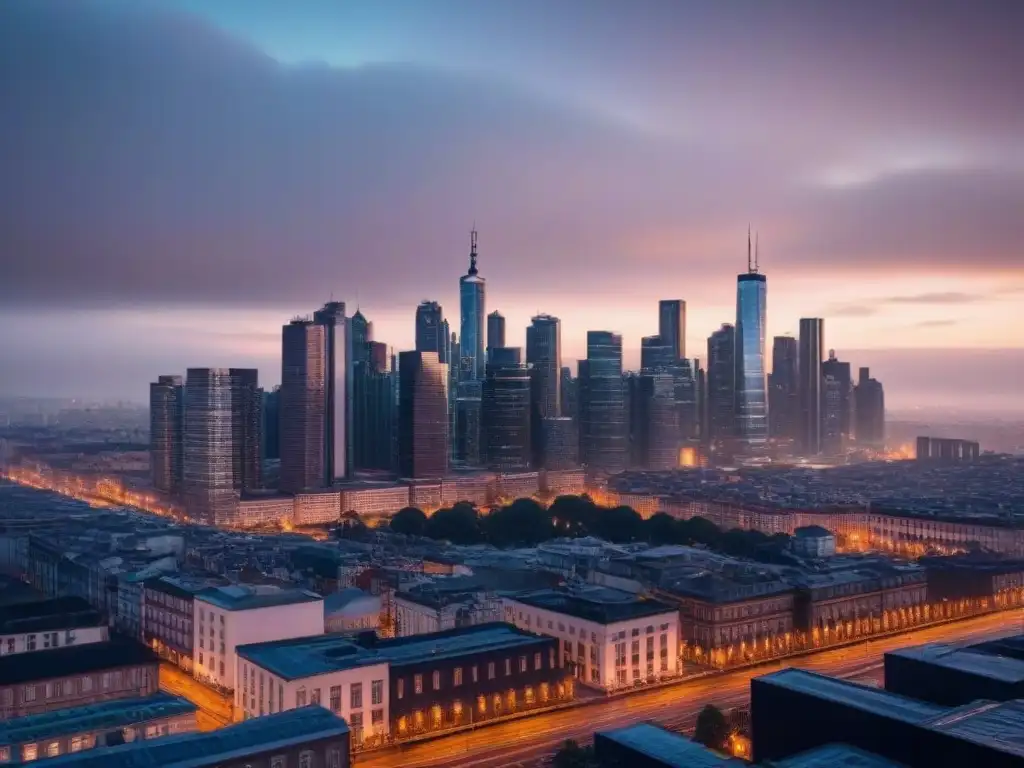 Horizonte urbano al atardecer: luces, historia y modernidad en 8k Vibrante ciudad al anochecer, reflejando la urbanización descontrolada en inversión inmobiliaria