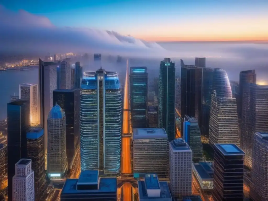 Metrópolis nocturna: luces vibrantes en modernos rascacielos Vibrante ciudad al anochecer, reflejando la dinámica vida urbana y la inversión inmobiliaria global en medio de riesgos políticos