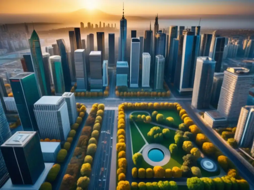 Metrópolis diversa: rascacielos, historia y naturaleza en perfecta armonía Vibrante ciudad diversa, mezcla de rascacielos modernos, edificios históricos y parques verdes bajo cálido sol dorado