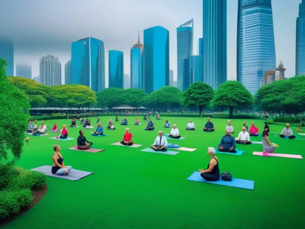 Vida urbana moderna: arquitectura, naturaleza y comunidad Una vibrante ciudad con diversidad de personas y moderna arquitectura, simbolizando los mercados inmobiliarios emergentes envejecimiento poblacional