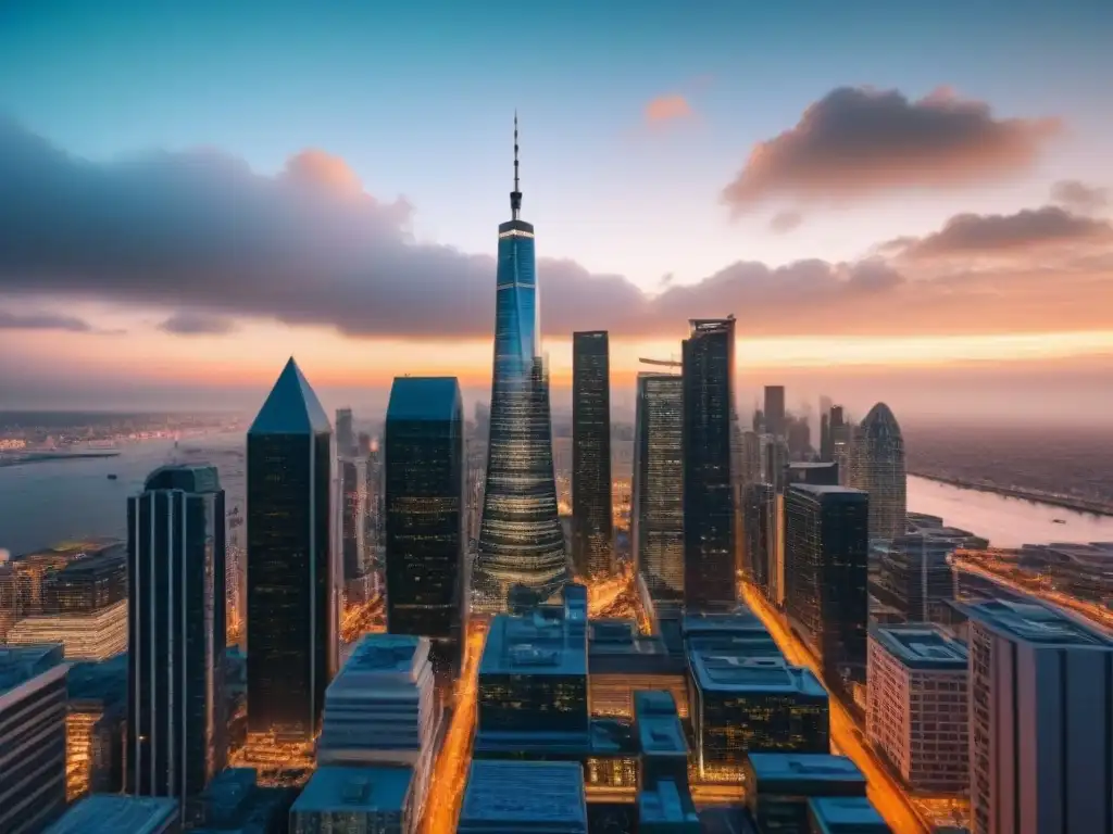 Horizonte urbano al atardecer: diversidad y vibración en la gran ciudad Vibrante ciudad al anochecer, con diversidad de personas y rascacielos iluminados
