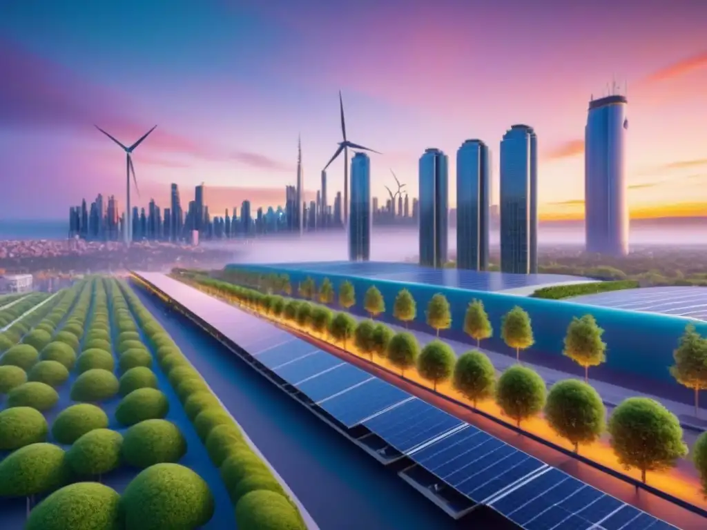 Metrópolis sostenible del futuro: 8k detallado Vibrante ciudad ecoamigable con beneficios fiscales propiedades ecológicas