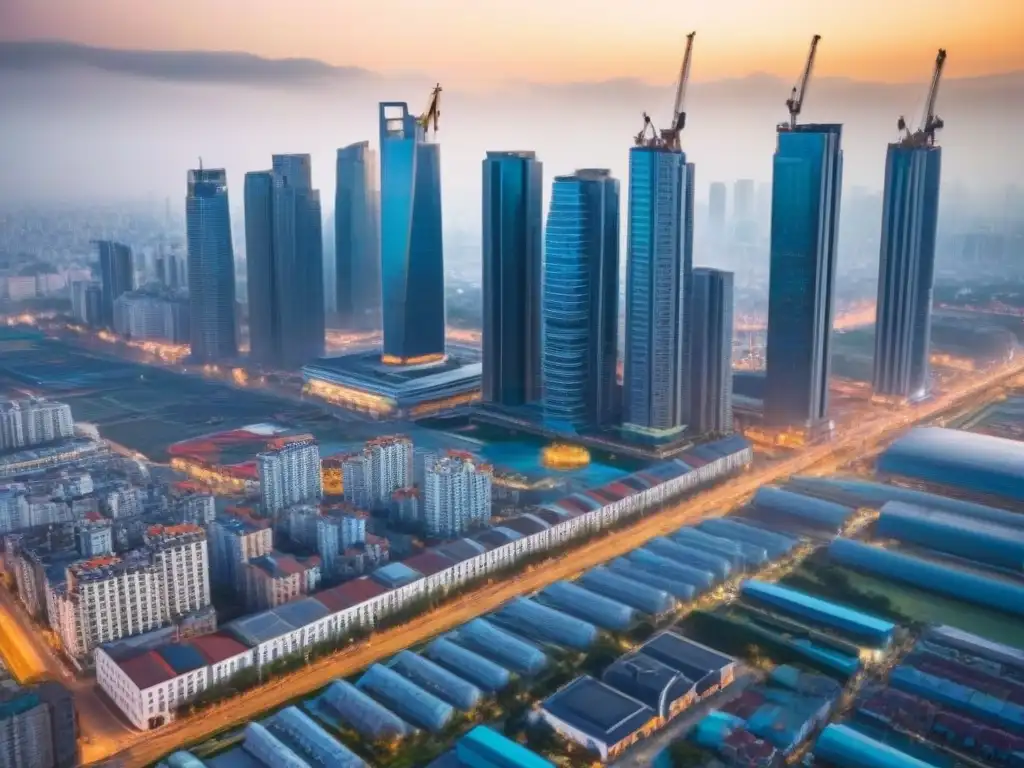 Metrópolis emergente: dinamismo urbano y crecimiento inmobiliario Vibrante ciudad en economía emergente, con modernos rascacielos y bulliciosa vida urbana