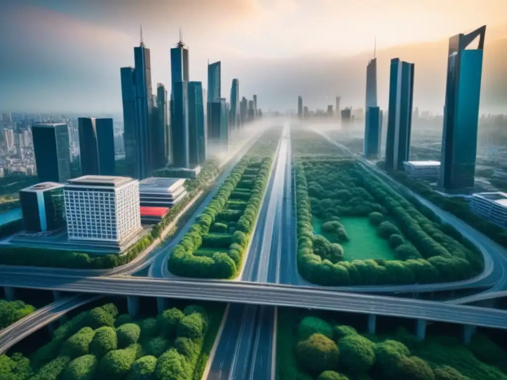 Metrópolis emergente: rascacielos modernos y naturaleza exuberante Vibrante ciudad en economía emergente, con rascacielos modernos, vegetación exuberante y compleja red vial