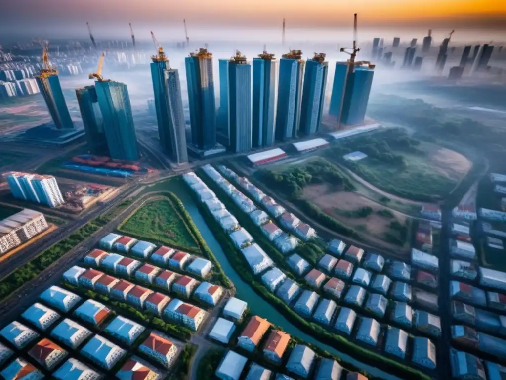 Metrópolis en Crecimiento: Skyline de Construcción en Economía Emergente Vibrante ciudad en economía emergente con modernos rascacielos en construcción