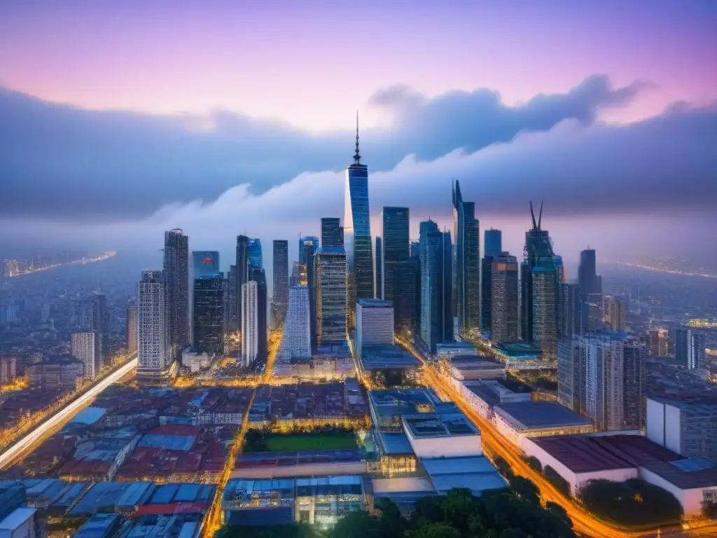Metrópolis en crecimiento: skyline moderno en economía emergente Vibrante ciudad en economía emergente, con rascacielos modernos y vida urbana