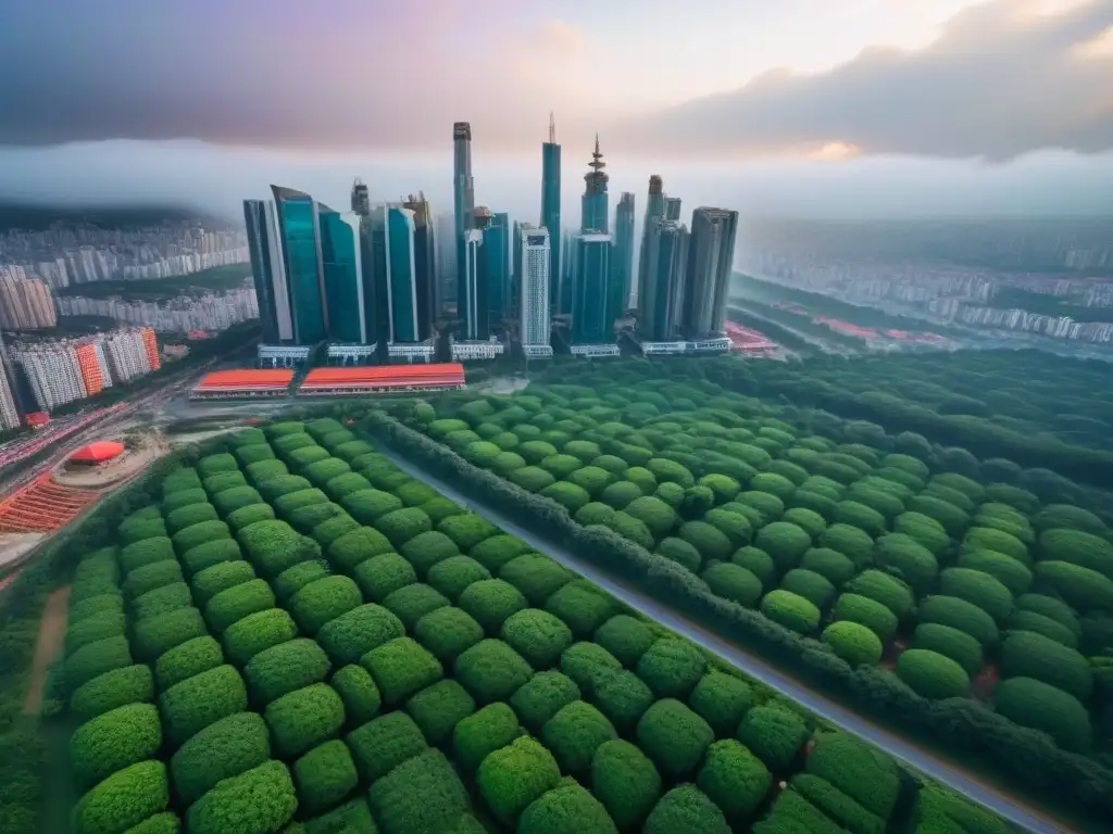 Deslumbrante skyline urbano en economía emergente Vibrante ciudad en economía emergente con proyectos inmobiliarios y vegetación exuberante