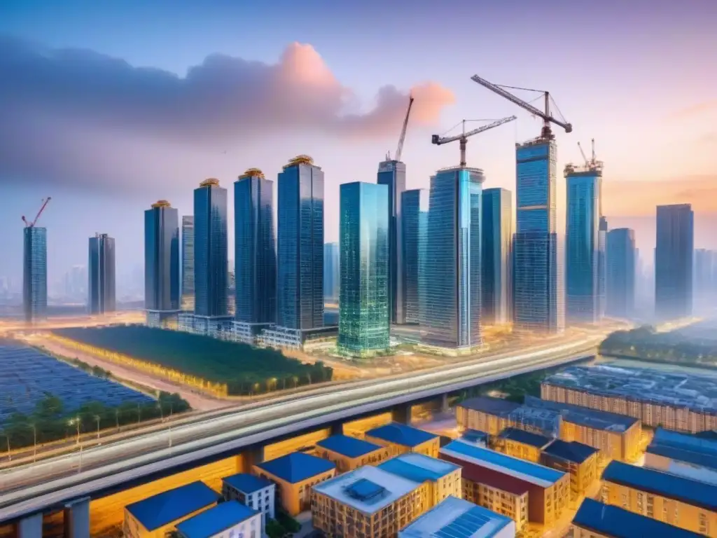 Metrópolis en crecimiento: dinamismo y oportunidad en economías emergentes Vibrante ciudad en economía emergente, con rascacielos, calles bulliciosas y grúas de construcción