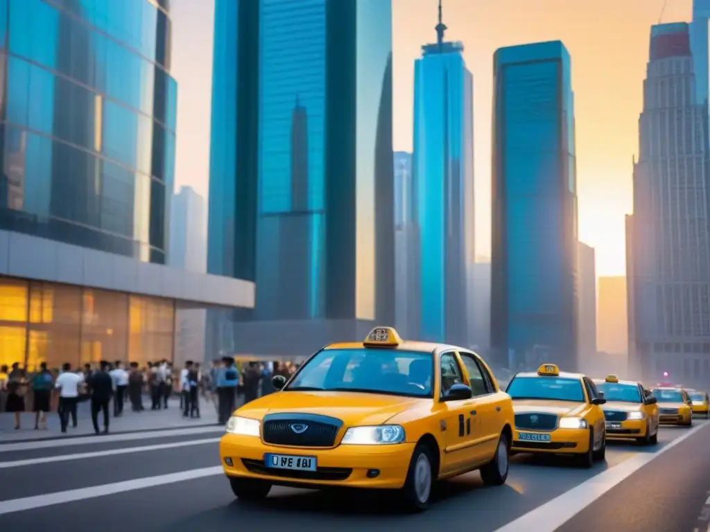 Horizonte urbano: economía emergente en la ciudad vibrante Vibrante ciudad de economía emergente con rascacielos, calles llenas de taxis y gente, iluminada por la cálida luz del atardecer
