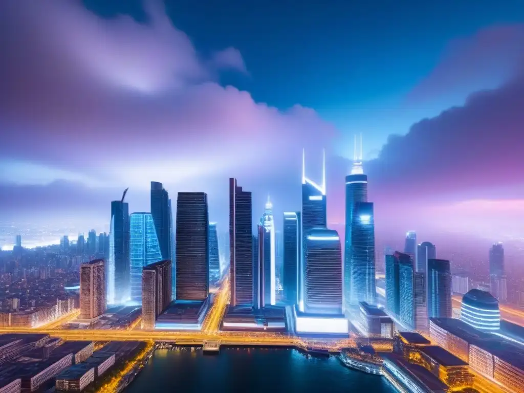 Metrópolis futurista en economía emergente: inversión inmobiliaria Vibrante ciudad en economía emergente con inversores y rascacielos futuristas iluminados