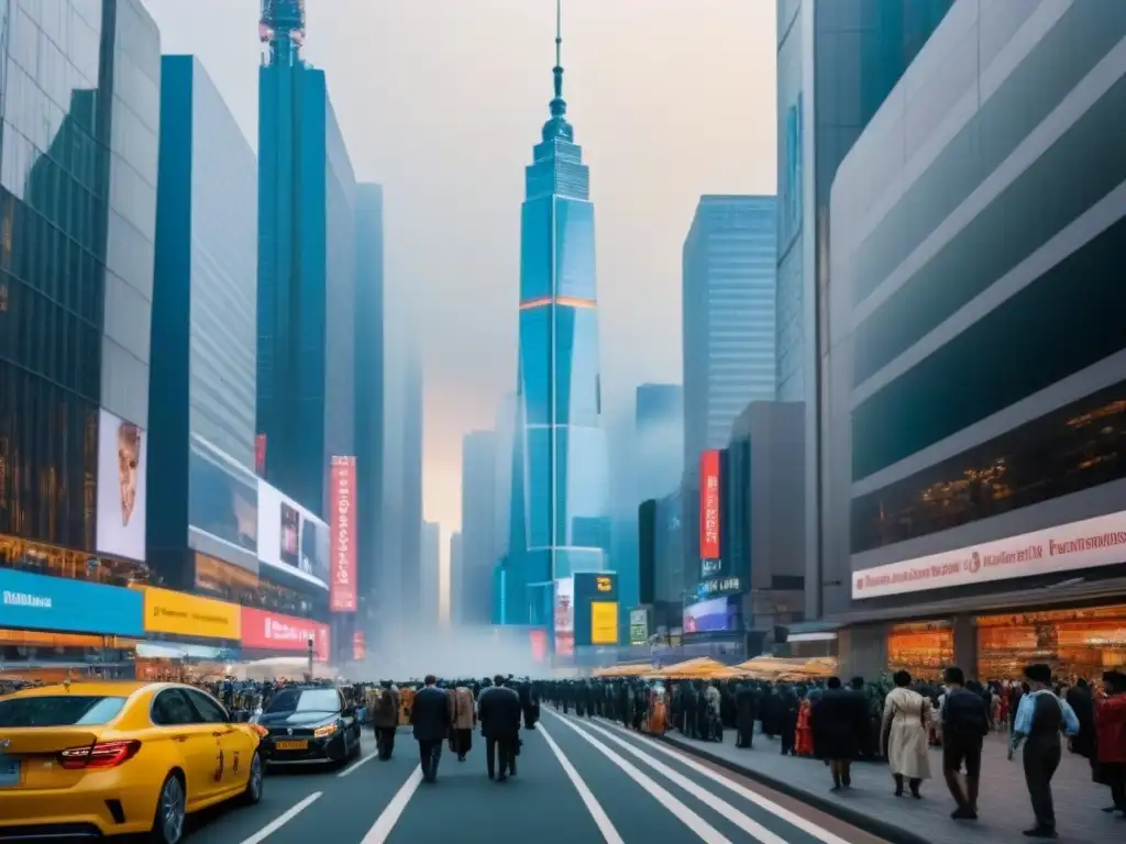 Metrópolis vibrante: real estate en economía emergente Vibrante ciudad en economía emergente con rascacielos, calles bulliciosas y arquitectura histórica