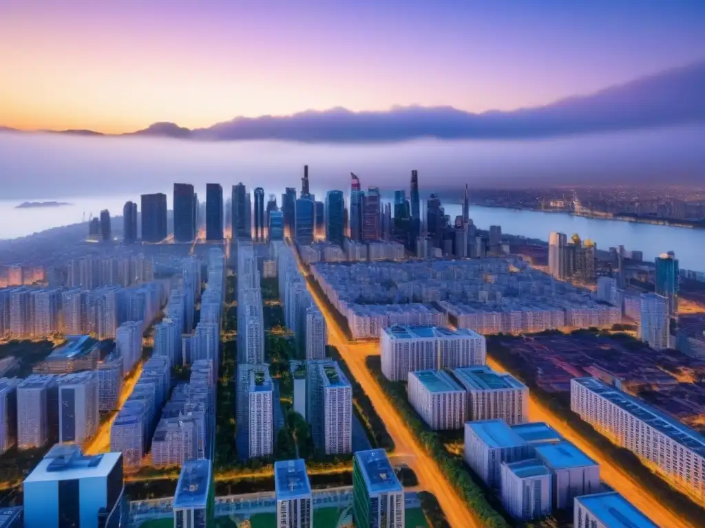 Horizonte ecológico: metrópolis sostenible al atardecer Vibrante ciudad eco-sostenible al anochecer