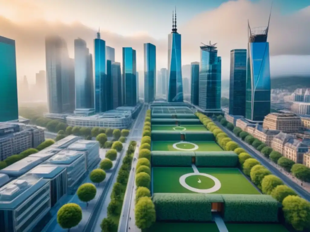 Metrópolis posCOVID: Futuro resiliente y verde Vibrante ciudad postCOVID con edificios futuristas e históricos renovados, reflejando la inversión inmobiliaria post COVID internacional
