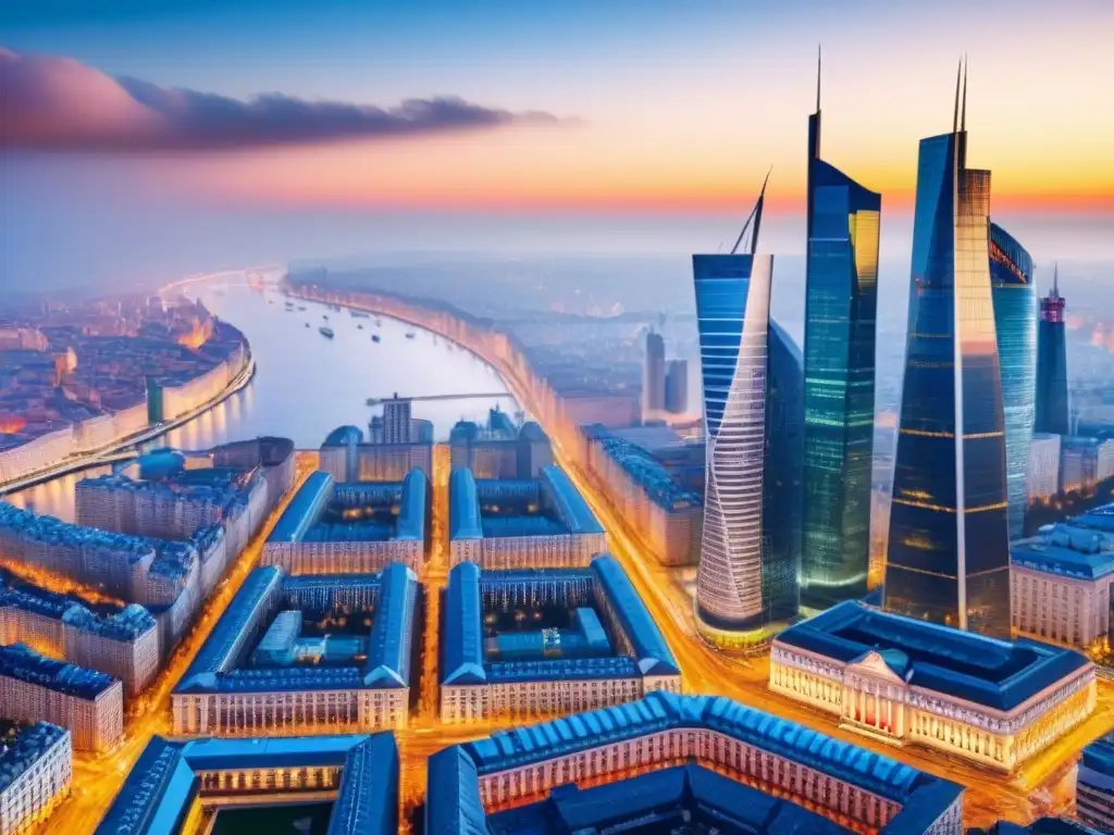 Mercado inmobiliario en Europa del Este: arquitectura moderna con símbolos de monedas Vibrante ciudad en Europa del Este, con edificios históricos y modernos, profesionales discutiendo e integrando monedas