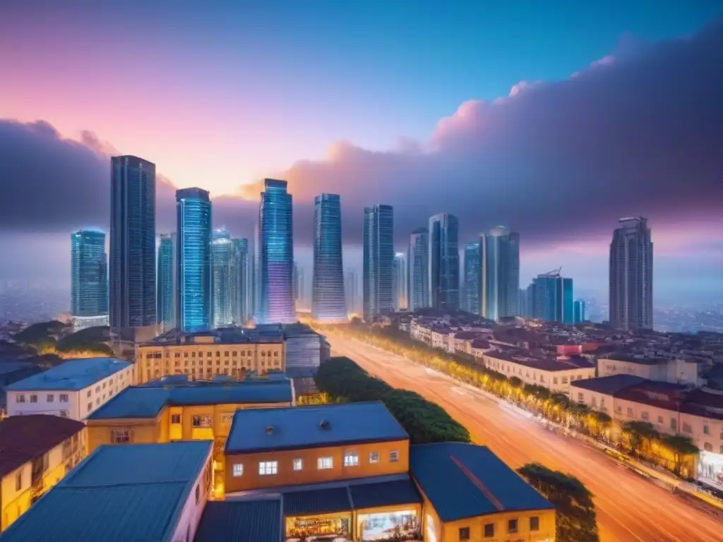 Horizonte urbano al atardecer: mercado inmobiliario en auge Vibrante ciudad al anochecer con edificios modernos y tradicionales iluminados