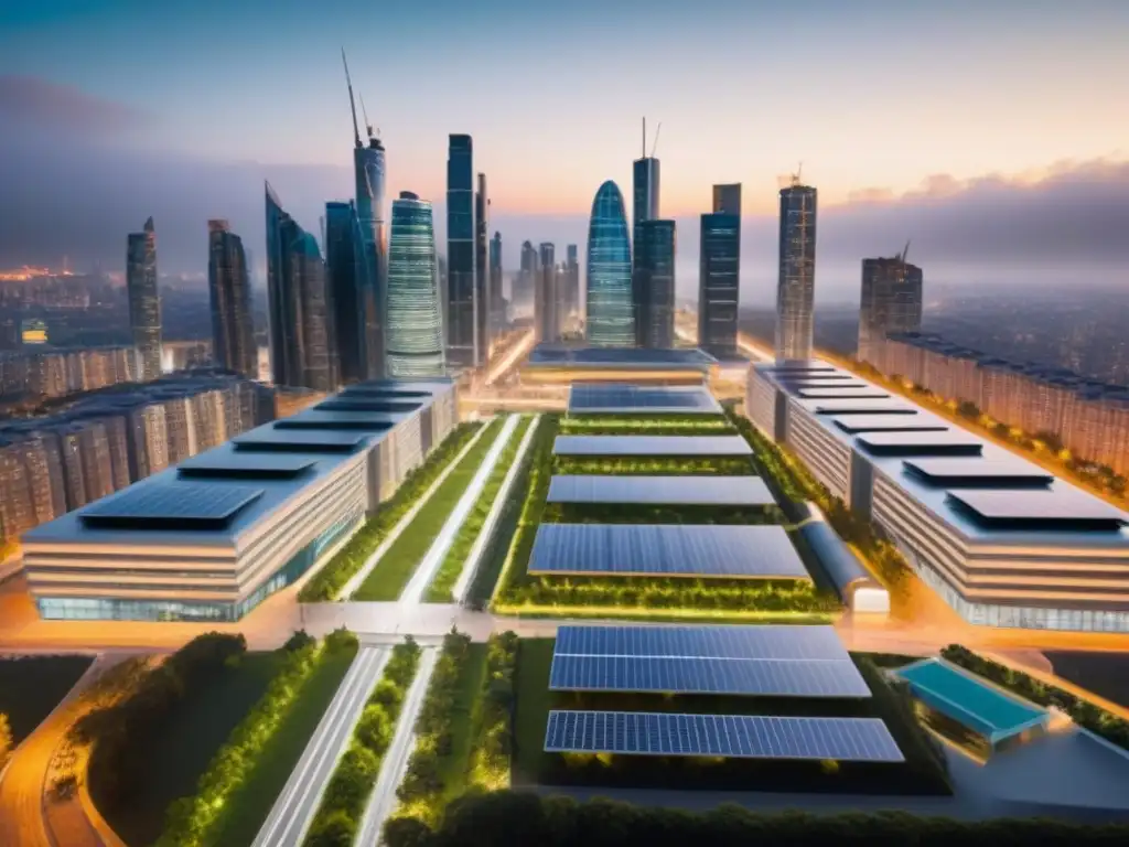 Horizonte sostenible: atardecer en metrópolis ecoamigable Vibrante ciudad al anochecer con edificios modernos y sostenibles