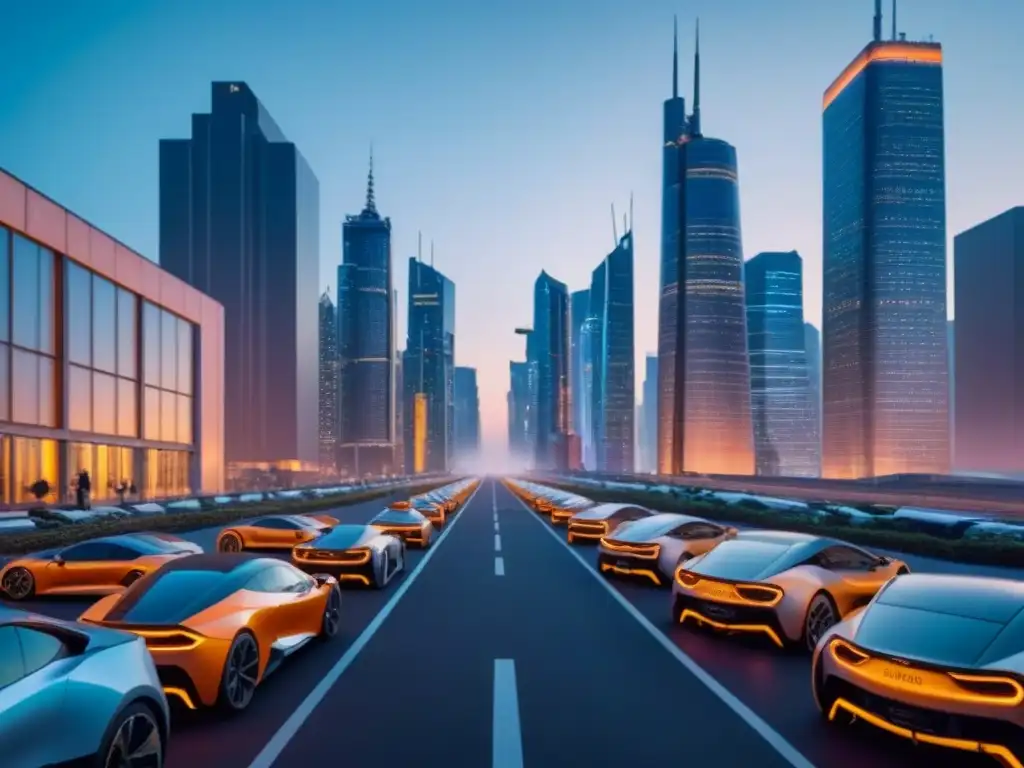 Metrópolis futurista al anochecer: fusión de entidades postfusión Vibrante ciudad al anochecer, fusionando edificios modernos y vehículos eléctricos, simbolizando sinergias postfusión bienes raíces