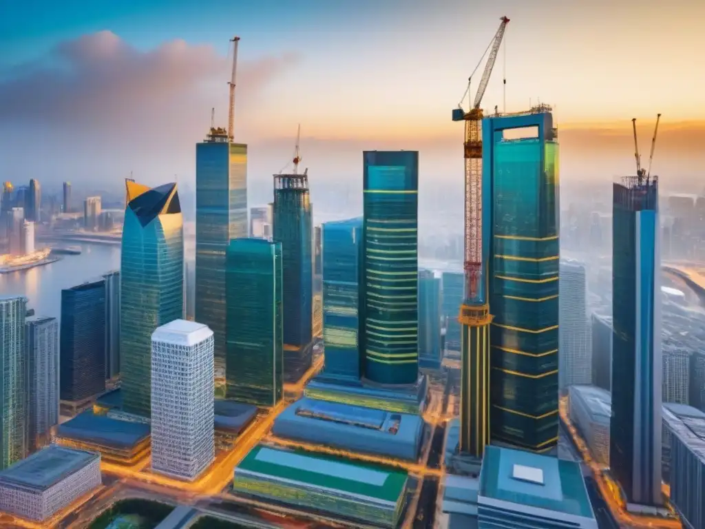 Real Estate: Mercado en Crecimiento en Ciudad Emergente Vibrante ciudad emergente con arquitectura tradicional y rascacielos modernos, profesionales negociando