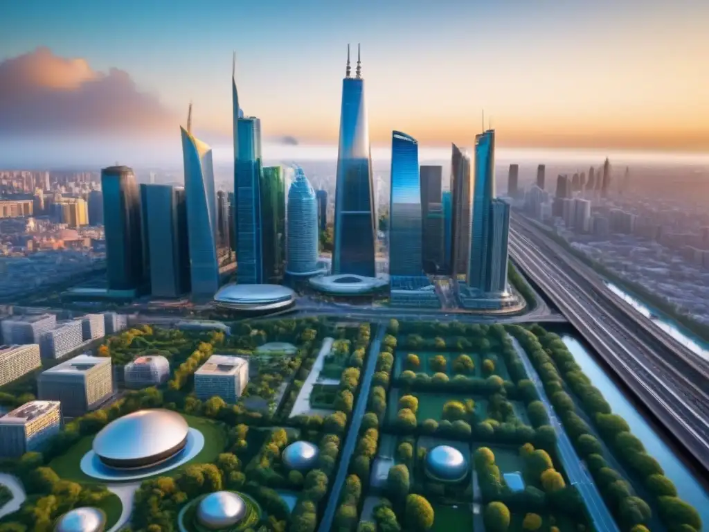 Metrópolis vibrante en economía emergente: innovación y multiculturalismo Vibrante ciudad emergente con arquitectura moderna y diversidad de actividades, reflejando el mercado inmobiliario internacional tendencias 2023