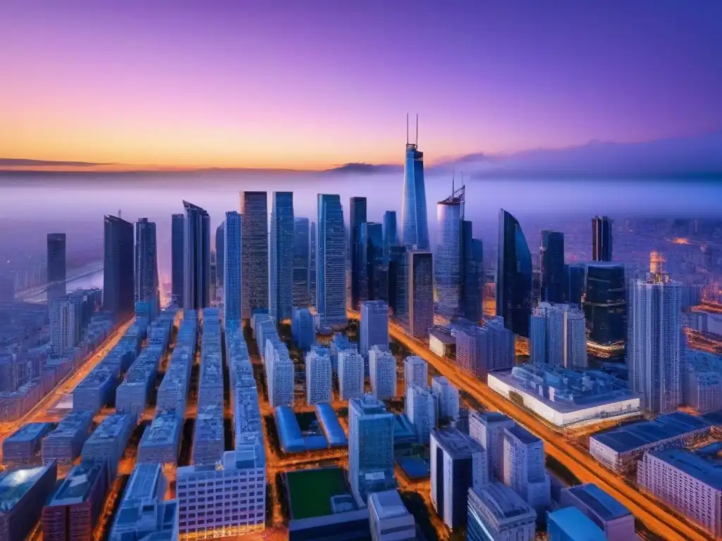 Metrópolis emergente al atardecer: skyline moderno en 8k Vibrante ciudad emergente al atardecer, con rascacielos y calles llenas de vida
