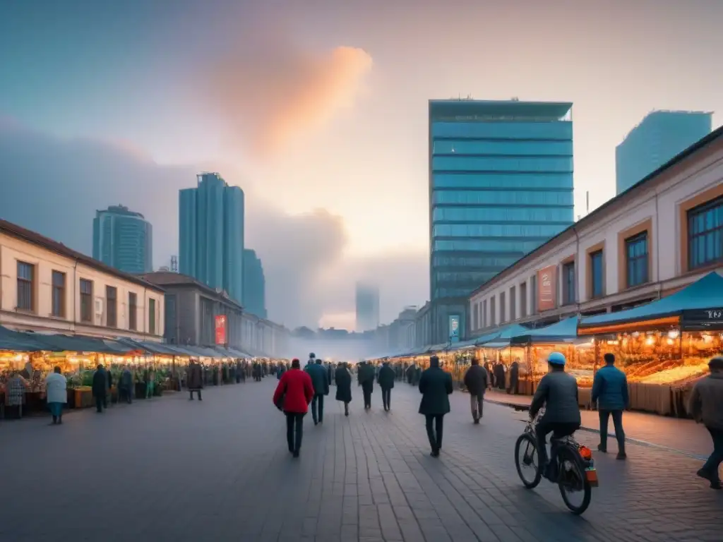 Metrópolis vibrante: mercado emergente fusiona tradición y modernidad Vibrante ciudad emergente con diversidad cultural y arquitectónica, reflejando políticas de vivienda en mercados emergentes
