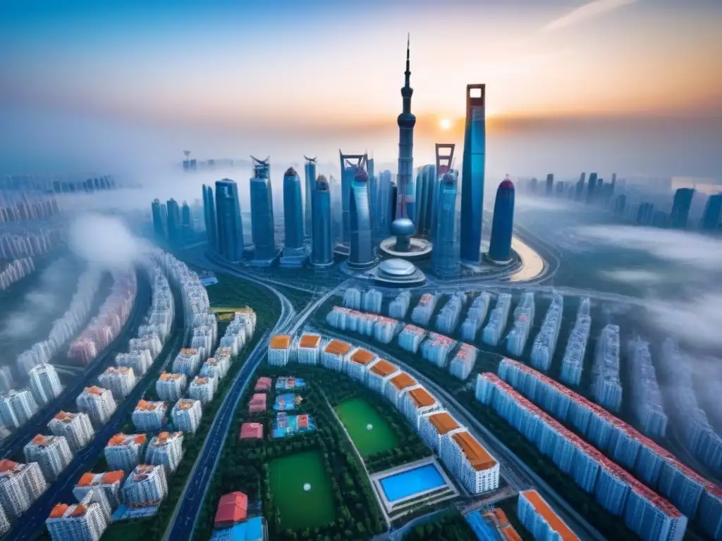 Vibrante ciudad emergente en ruta de la Iniciativa Belt and Road Vibrante ciudad emergente en la Franja Ruta, mezcla de arquitectura tradicional y rascacielos modernos bajo cielo azul