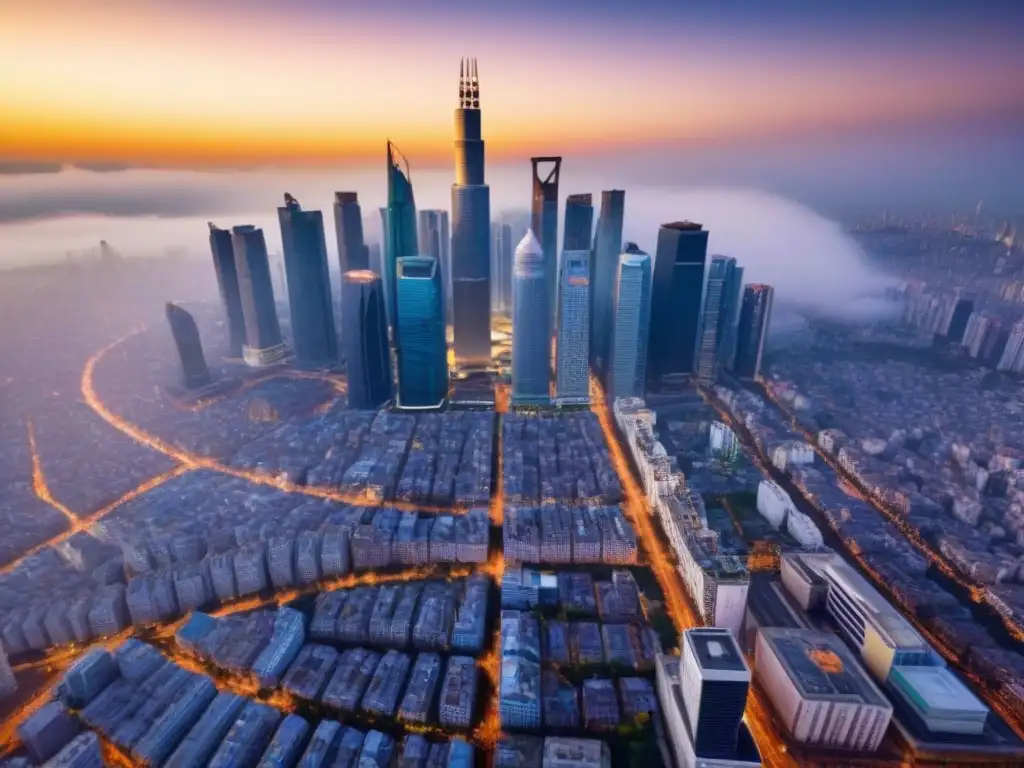 Arquitectura emergente: ciudad vibrante al atardecer Vibrante ciudad emergente, fusionando modernidad y tradición al atardecer