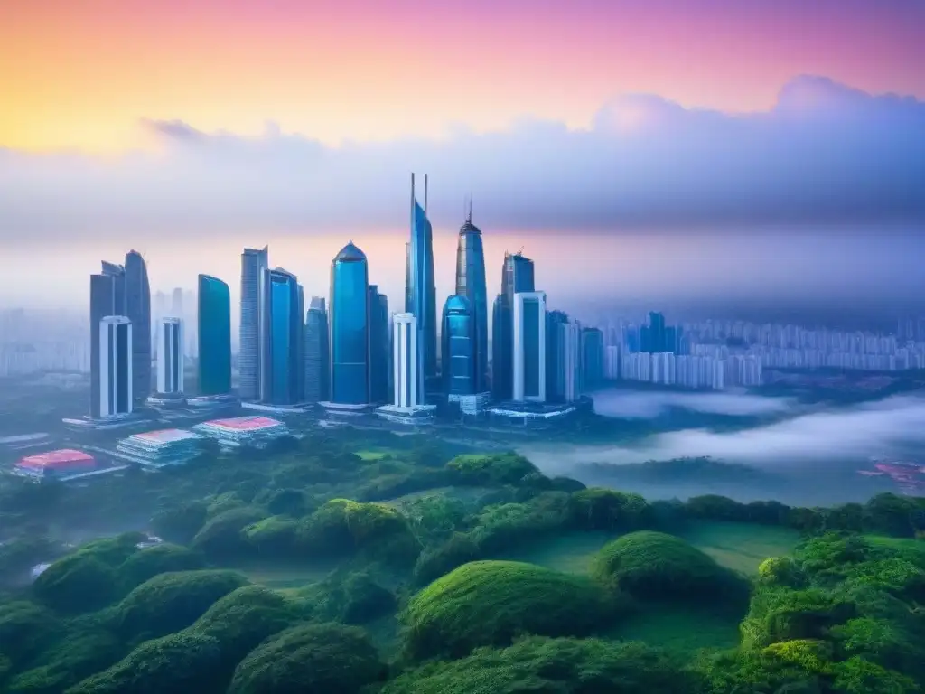 Horizonte urbano moderno: ciudad emergente en crecimiento Vibrante ciudad emergente con modernos rascacielos y parques verdes, reflejando el sol