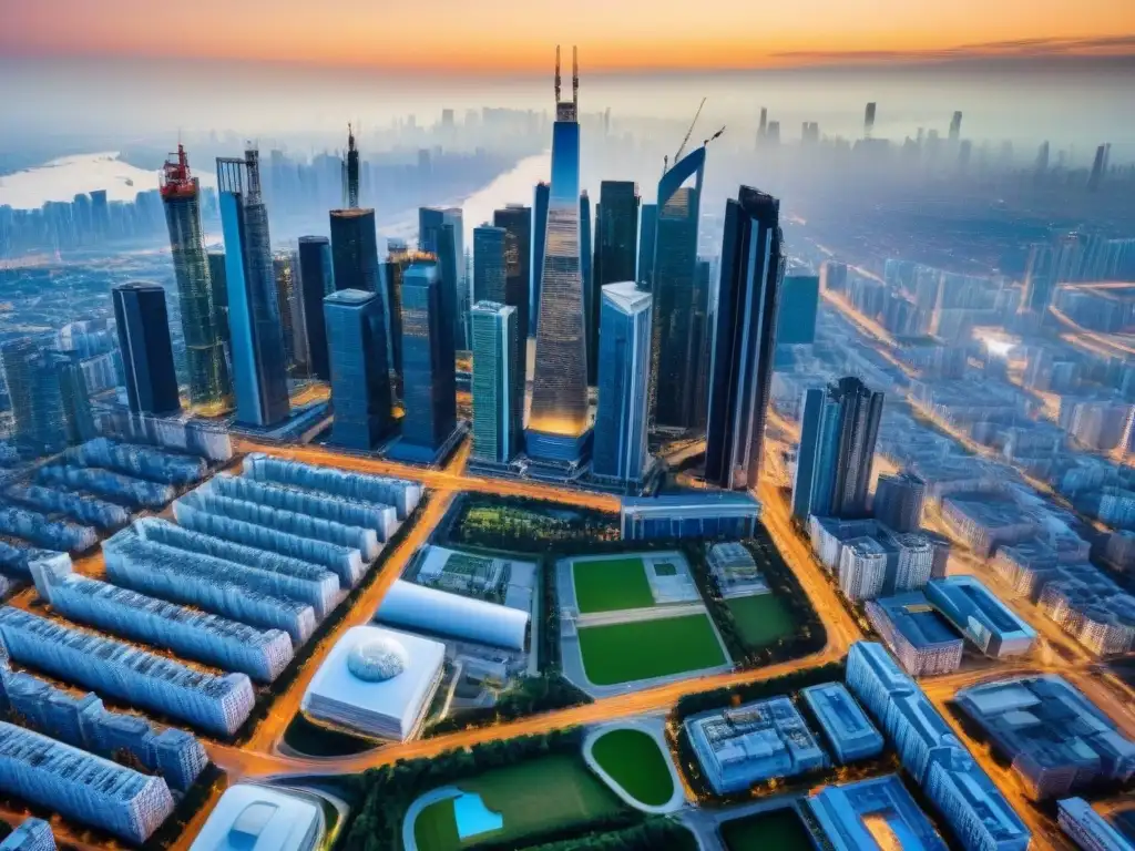 Metrópolis emergente: crecimiento urbano y oportunidades inmobiliarias Vibrante ciudad emergente: rascacielos modernos, distritos comerciales y áreas residenciales en auge