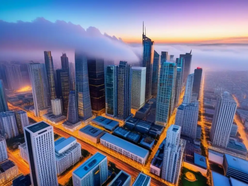 Horizonte urbano al atardecer: luces y modernidad en la ciudad Vibrante ciudad emergente con rascacielos iluminados por la noche