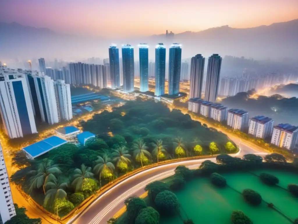 Vibrante panorama urbano de una ciudad emergente en crecimiento Vibrante ciudad emergente, rascacielos modernos entre vegetación, calles repletas de vida y luces brillantes