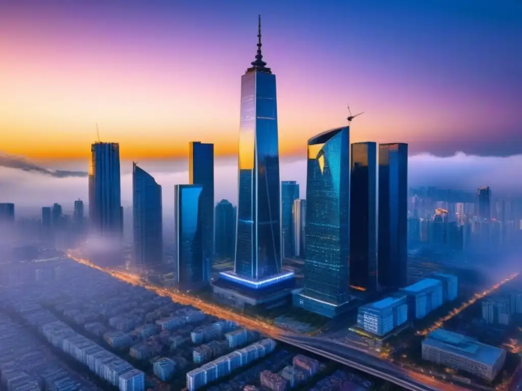 Inversión inmobiliaria: skyline vibrante en mercado emergente Vibrante ciudad emergente con rascacielos y calles llenas de gente diversa al atardecer