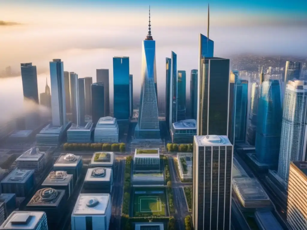 Metrópolis emergente: Inversión inmobiliaria en auge Vibrante ciudad emergente con rascacielos y gente activa