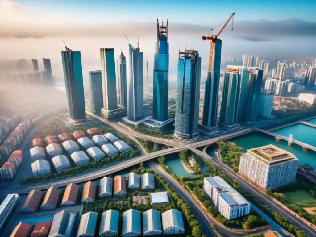 Cityscape dinámico en economía emergente: mezcla de tradición y modernidad Vibrante ciudad emergente, con rascacielos modernos y arquitectura tradicional