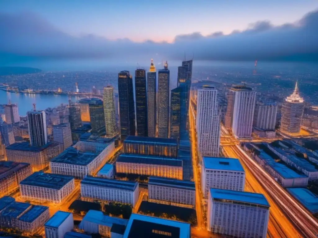 Metrópolis vibrante: oportunidades de inversión en mercado inmobiliario Vibrante ciudad al anochecer, reflejando la energía urbana para inversionistas globales mercado inmobiliario