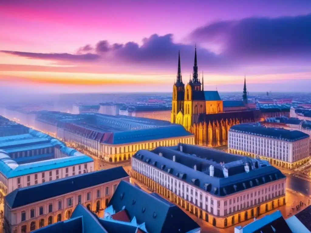 Horizonte vibrante: ciudad europea en evolución bajo un atardecer dramático Vibrante ciudad europea del Este, fusionando arquitectura histórica y rascacielos modernos bajo un atardecer colorido