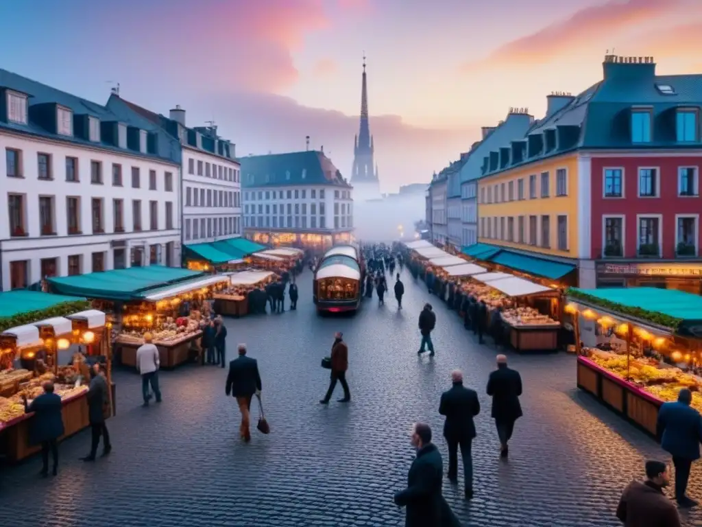 Vista aérea impactante de ciudad europea: fusión histórica y moderna Vibrante ciudad europea con arquitectura histórica y moderna, turistas y mercados callejeros al atardecer